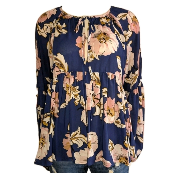 Altar'd State 'Freesia' Women's Size Med Blue Floral Ruffle Baby Doll Blouse L/S - Picture 1 of 7